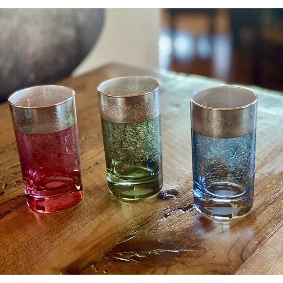 Vetri di Firenze Vtg Etched Colored Glass Etched Silver Top Rim Cordials Italian